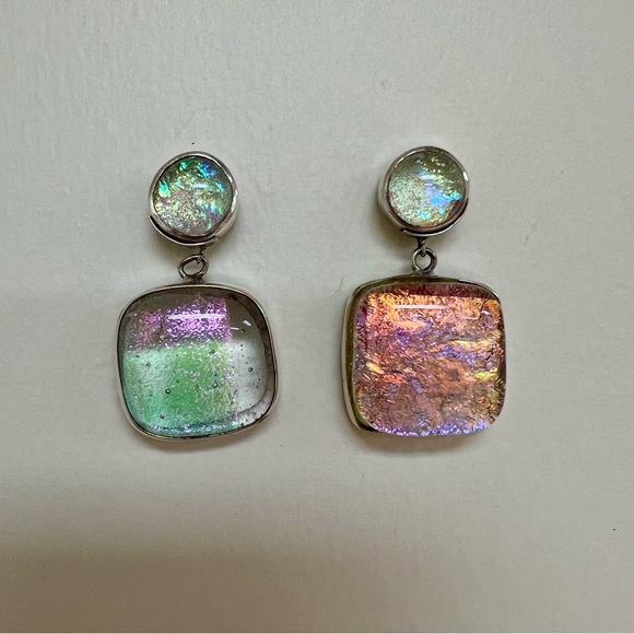 Artisan-made Sterling Silver and Glass Iridescent Earrings - Picture 2 of 14